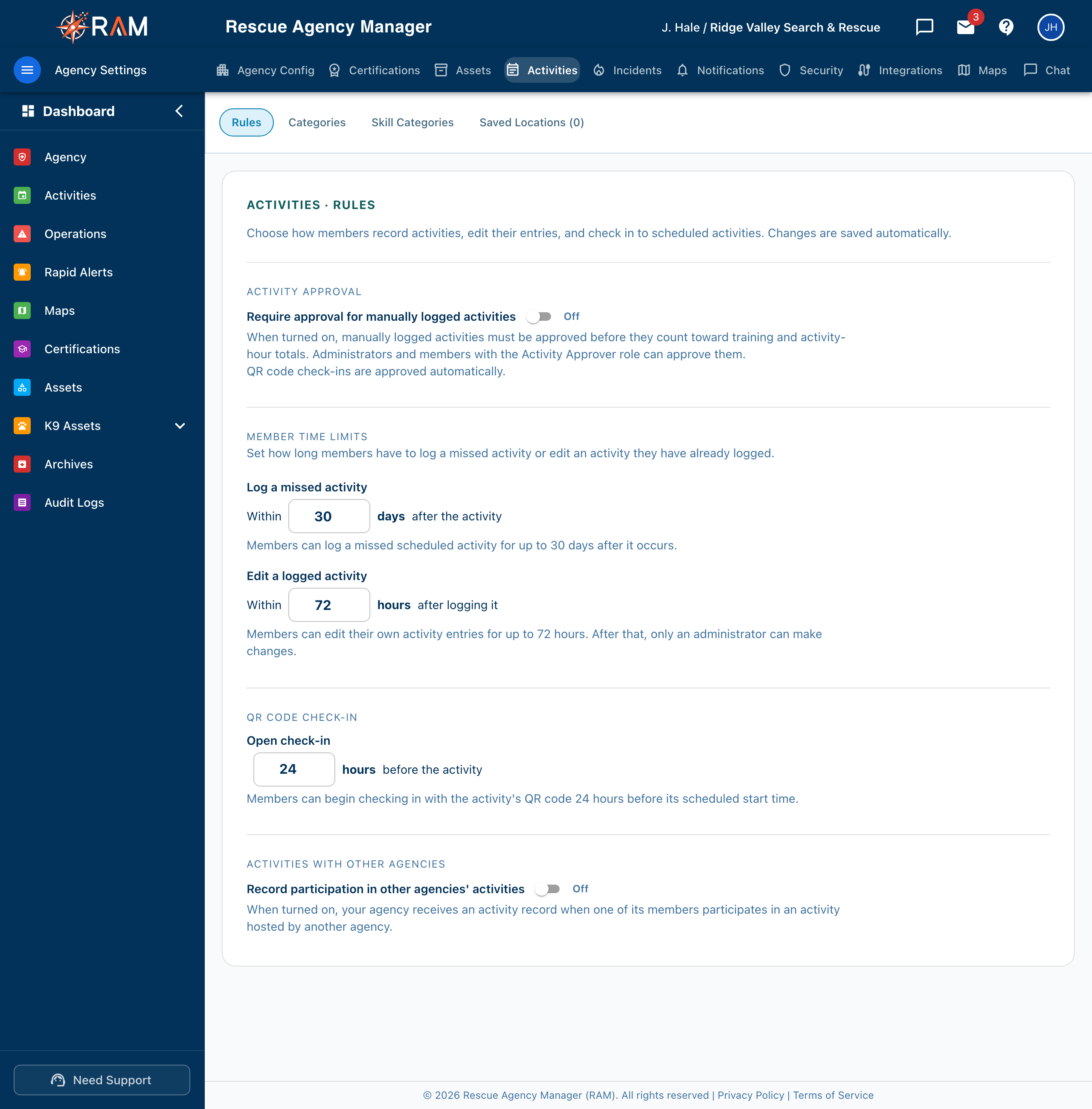 Activity Rules page in Agency Settings