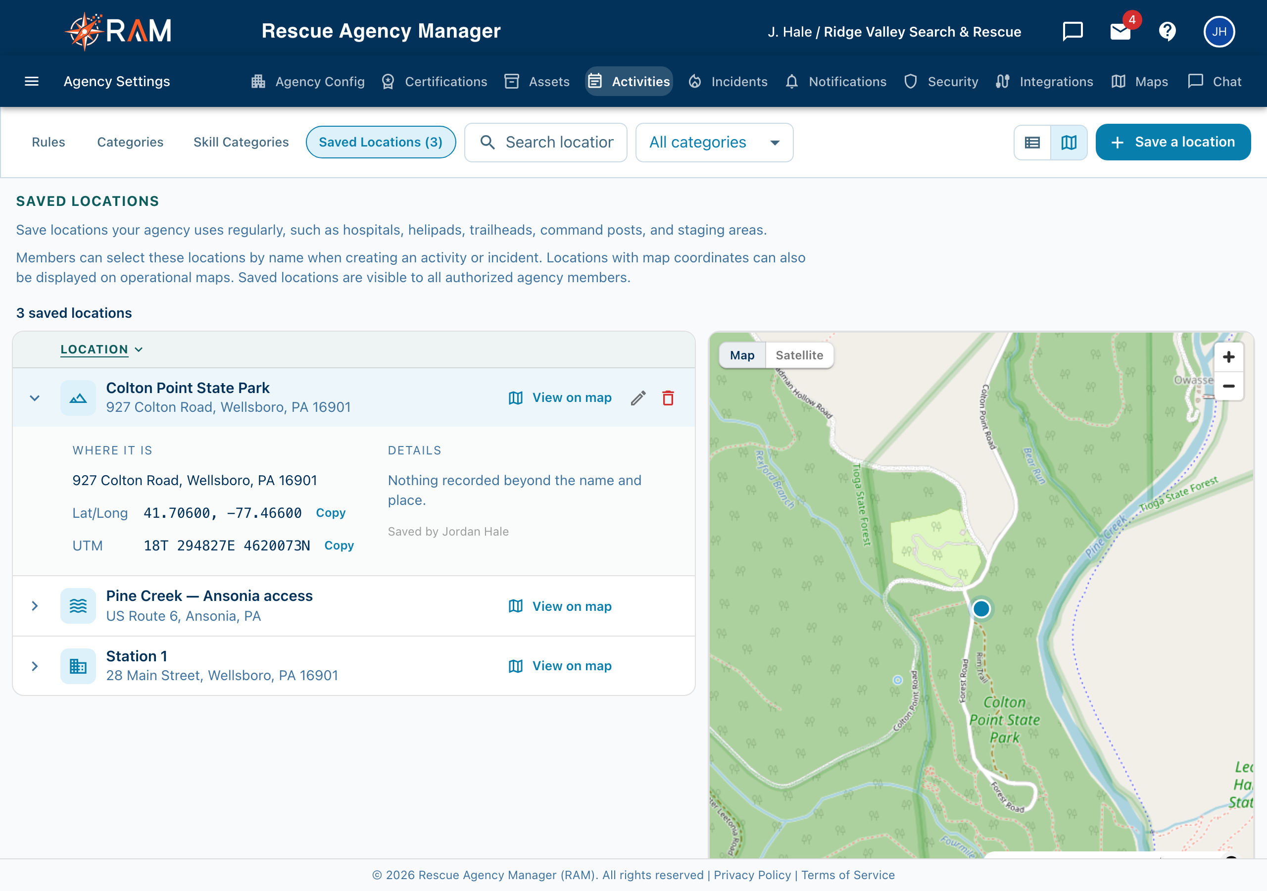 Saved Locations page with the list on the left and the map on the right