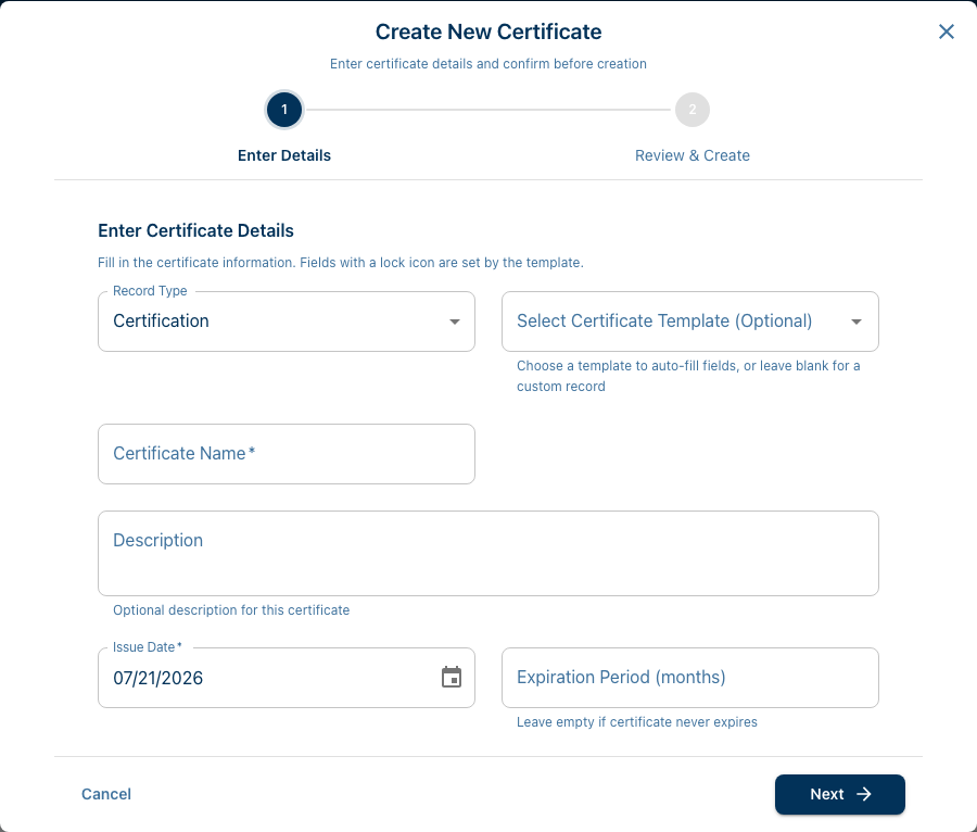Add Certification Form
