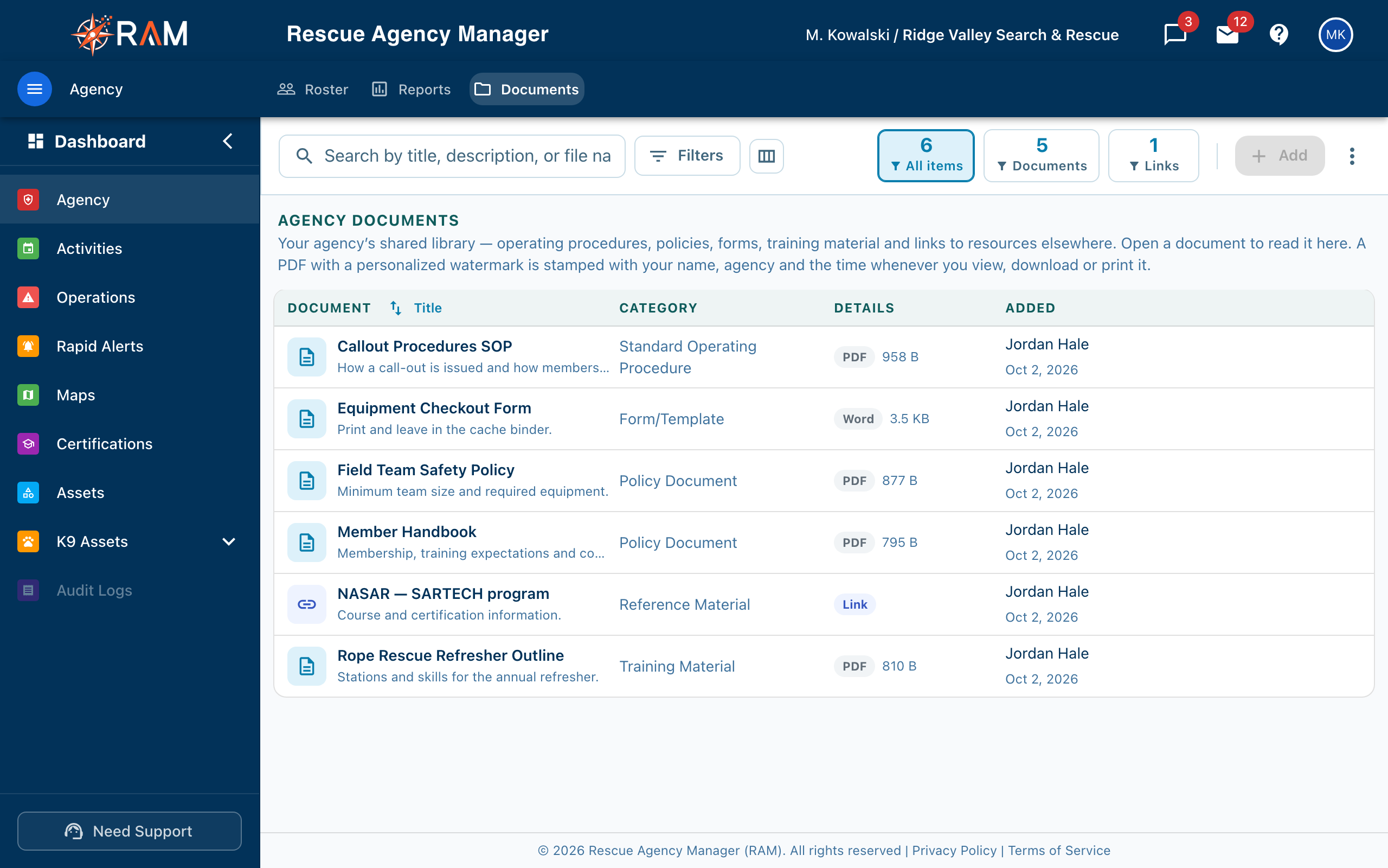 Agency Documents tab listing documents and links with category, type and who added them