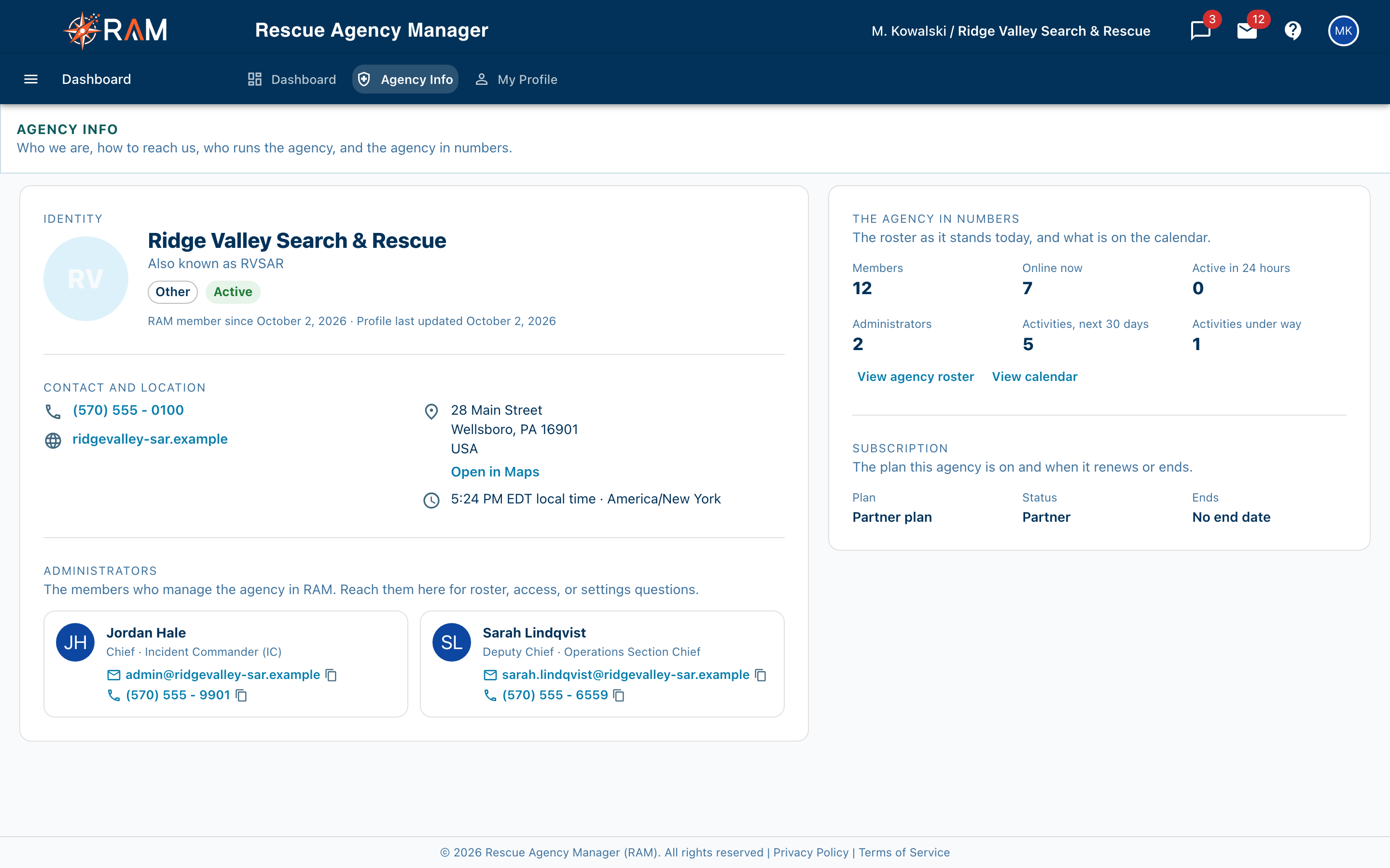 Agency Info page as a member sees it, with identity, contact details, administrators and agency numbers