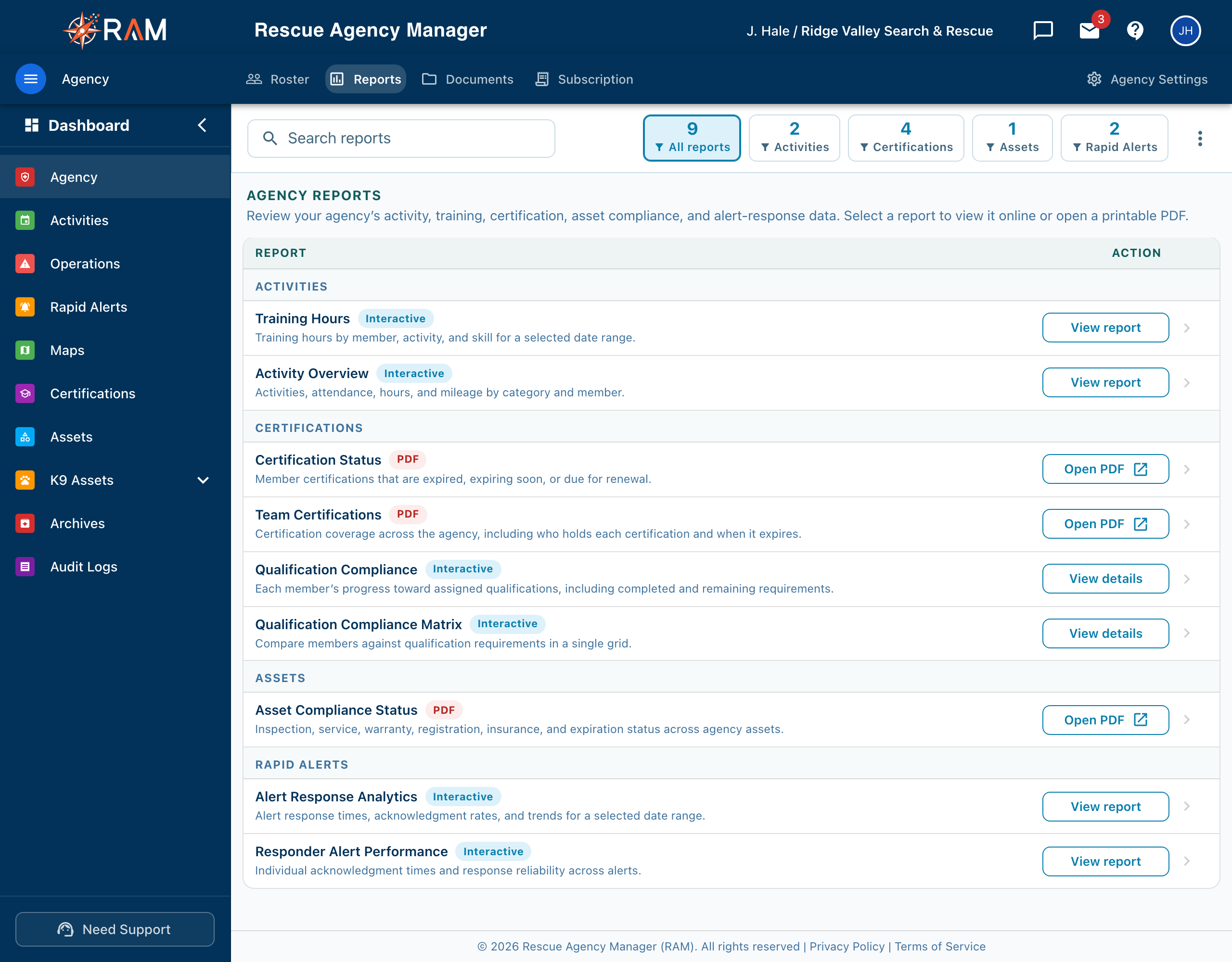 Agency Reports tab listing reports by category