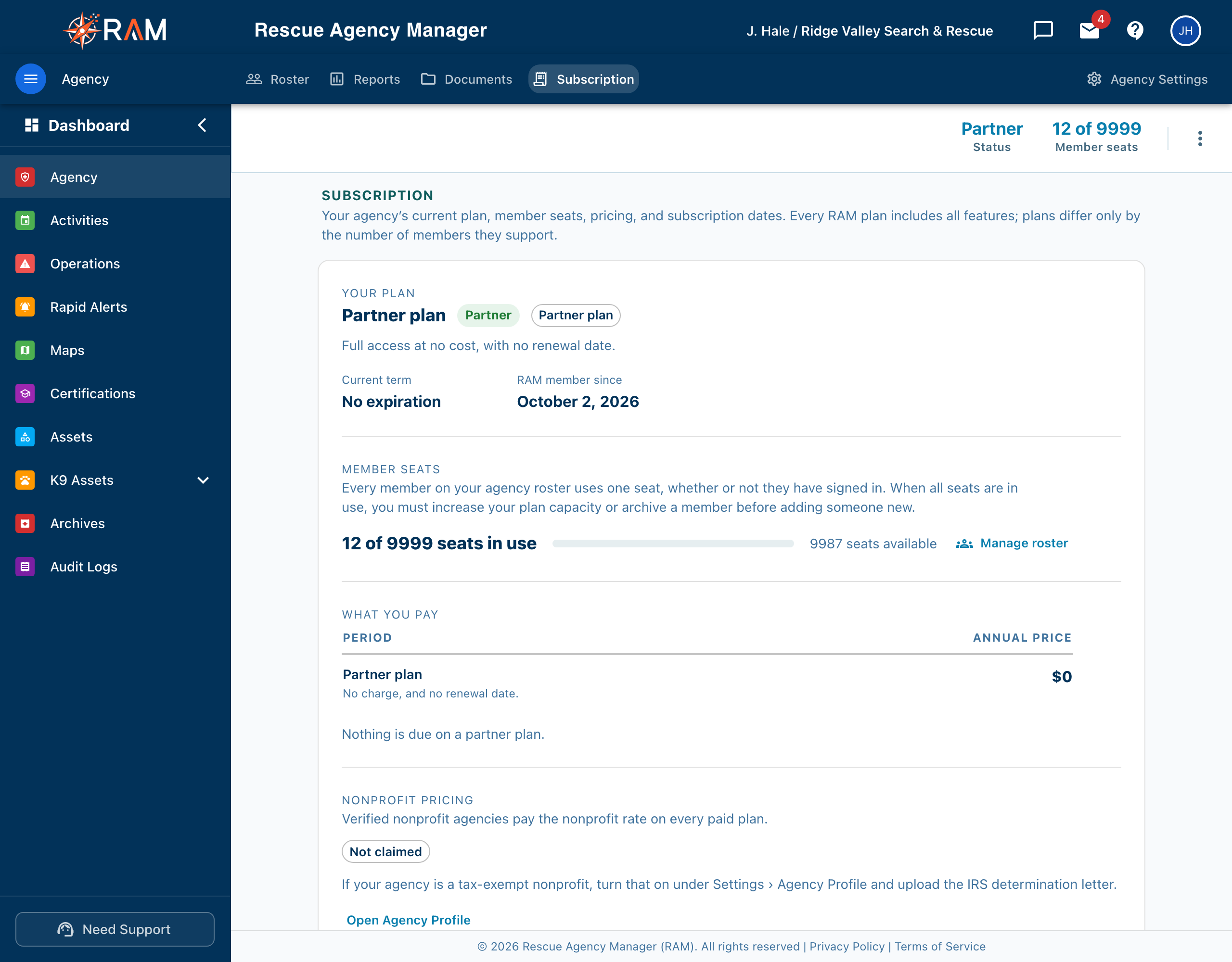 Agency Subscription tab