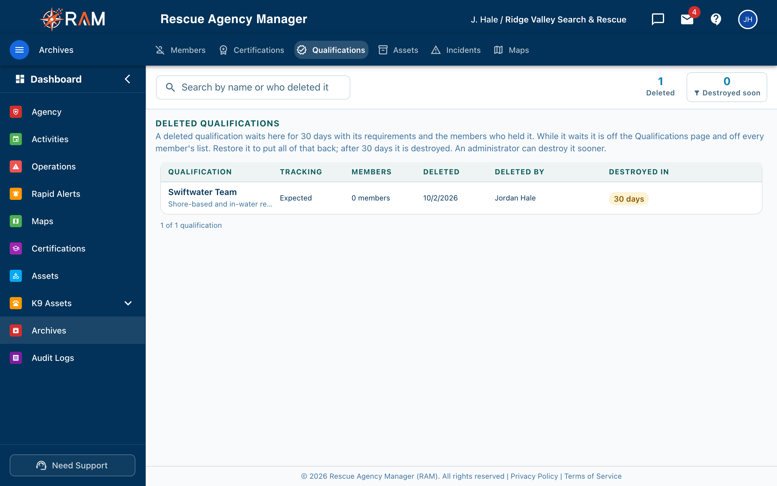 Archives Qualifications tab with a deleted qualification and its days left