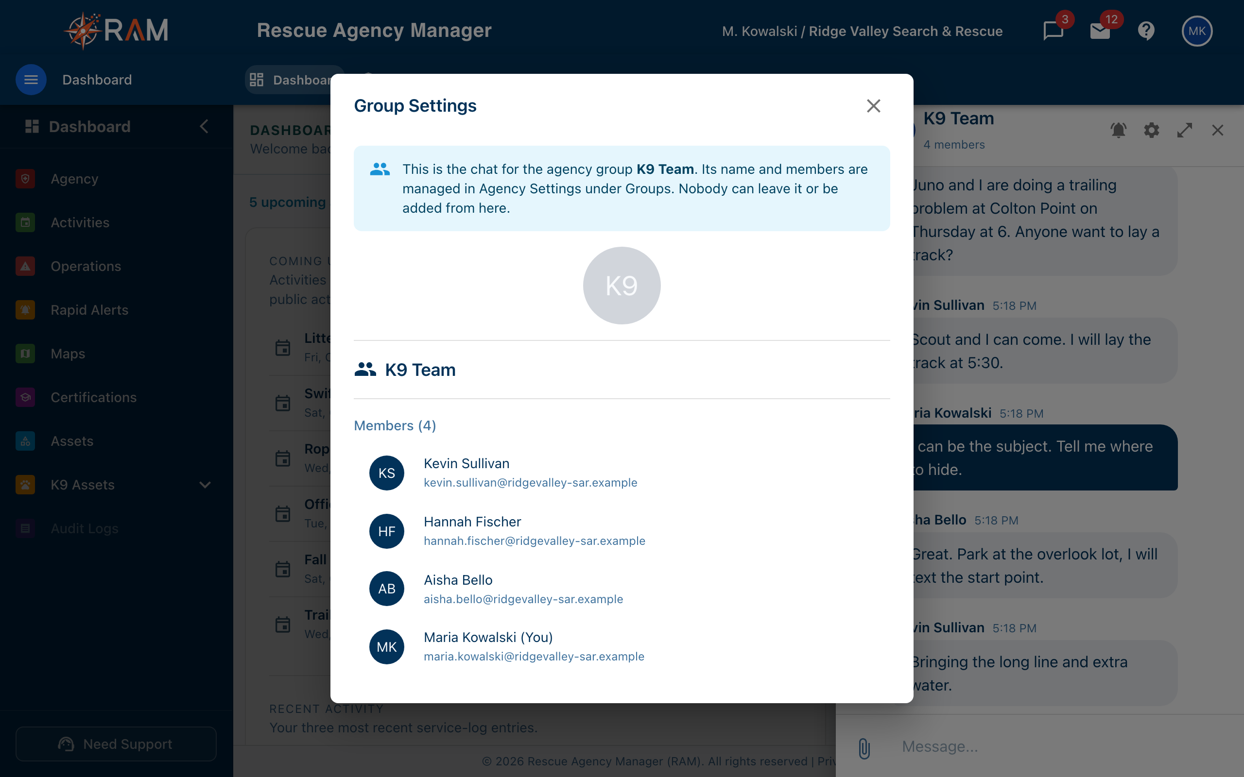 Group Settings for an agency group chat with the notice that its members are managed in Groups