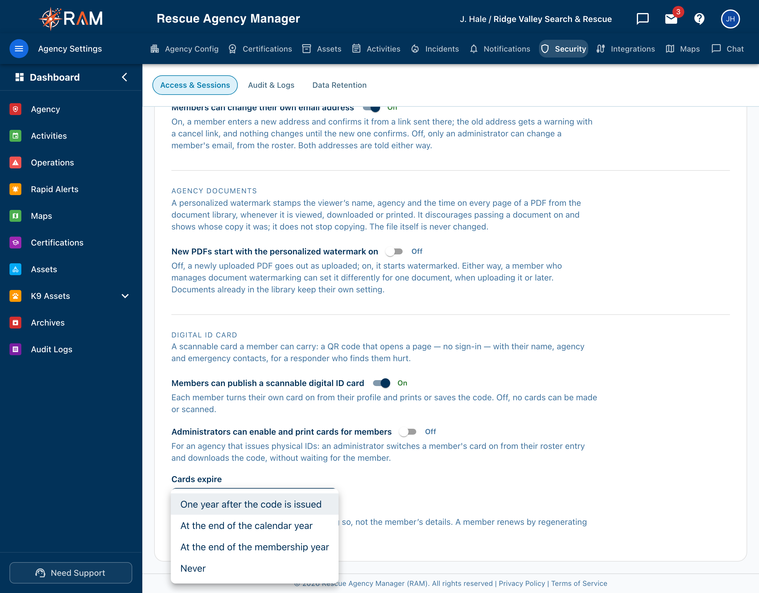 Digital ID card settings in Agency Settings