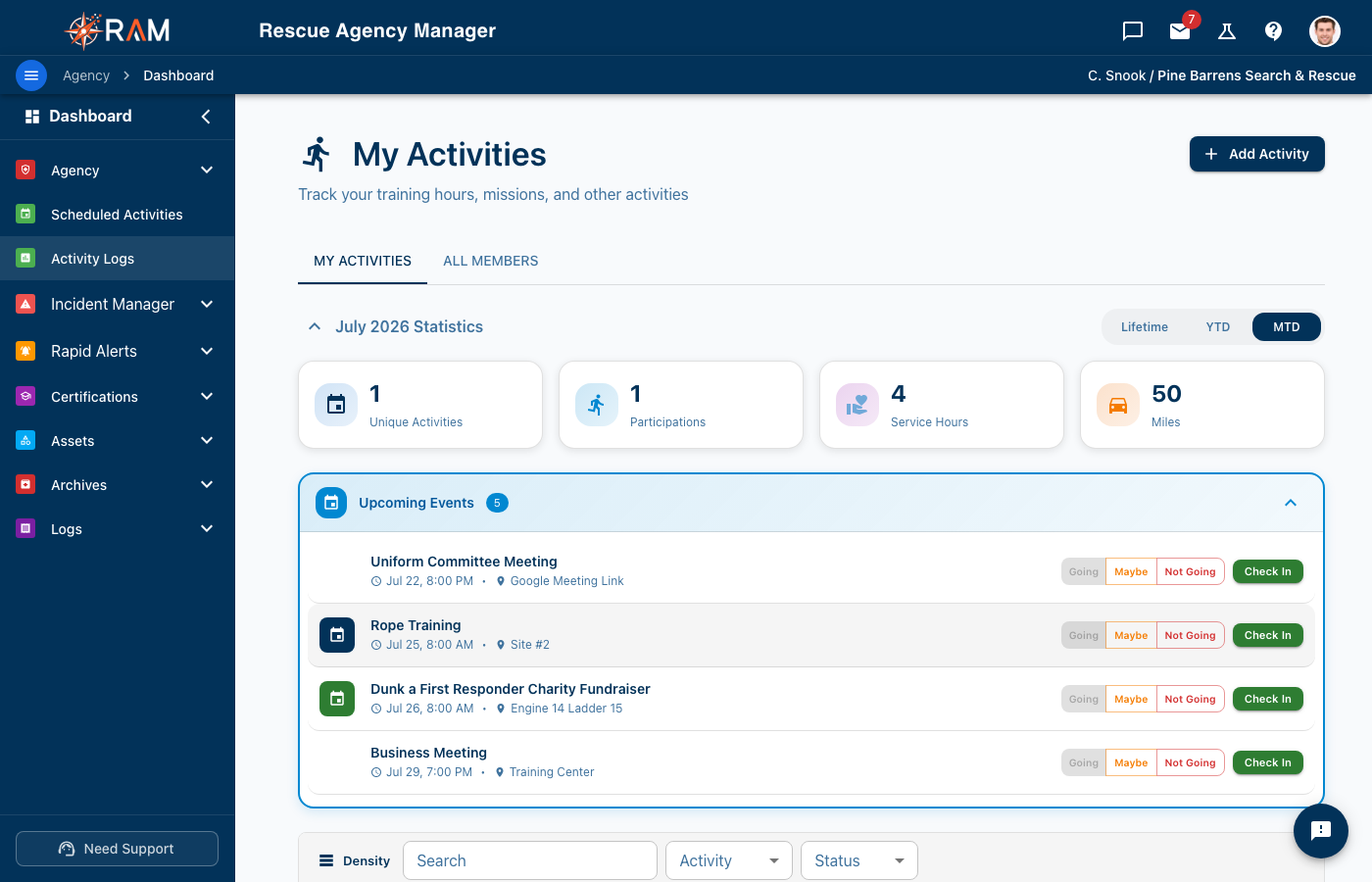 My Activities Page
